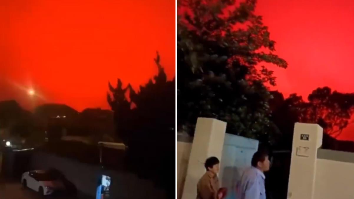 Çin'in Zhoushan şehrinde gökyüzü kızıla boyandı! Telefonla çekilen görüntüler büyük ses getirdi
