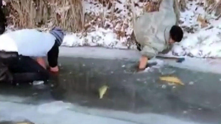 Erzurum'da şaşkına çeviren manzara! Buzu kırdılar, elleriyle yakaladılar