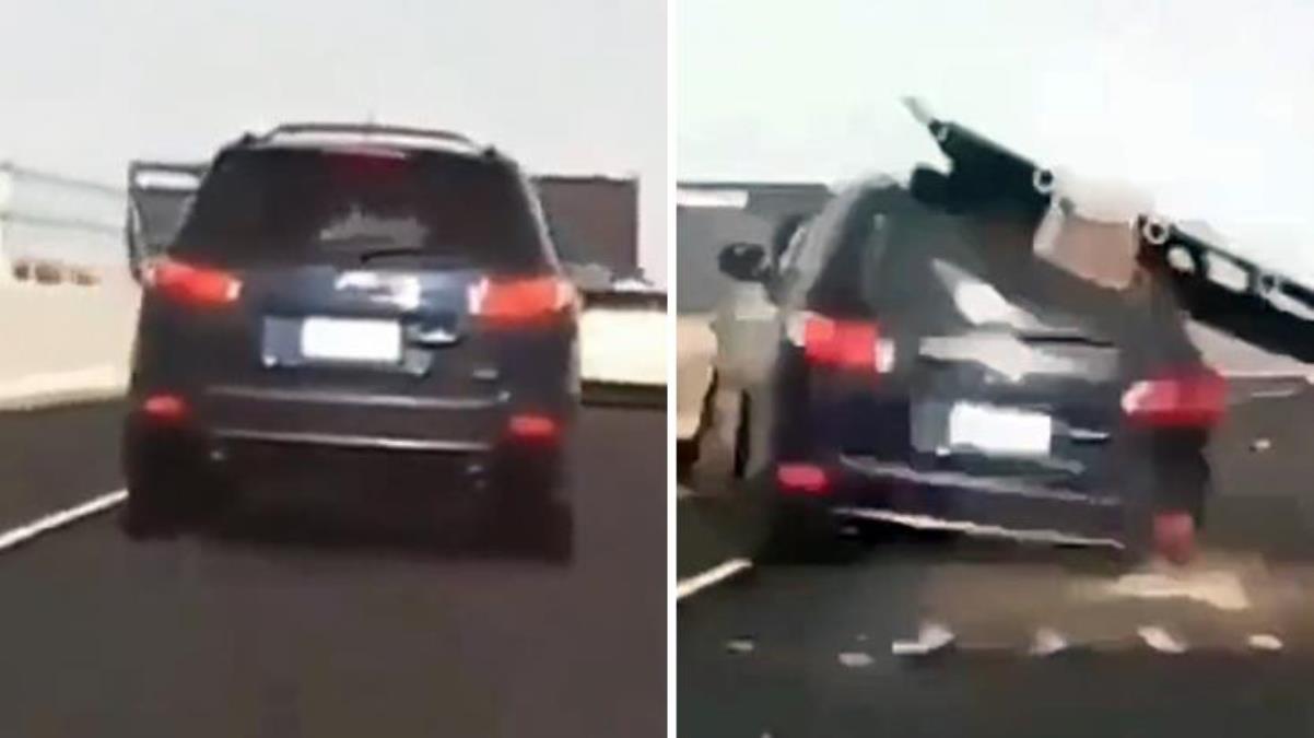 Seyir halinde olan aracının üzerine trafik levhası düştü